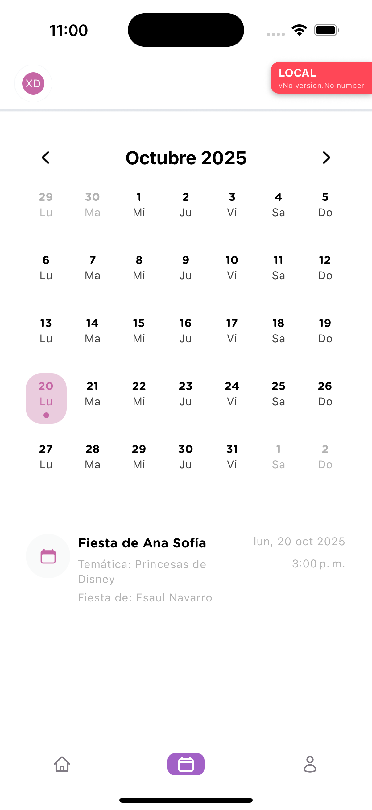 Calendario con fiesta en app móvil