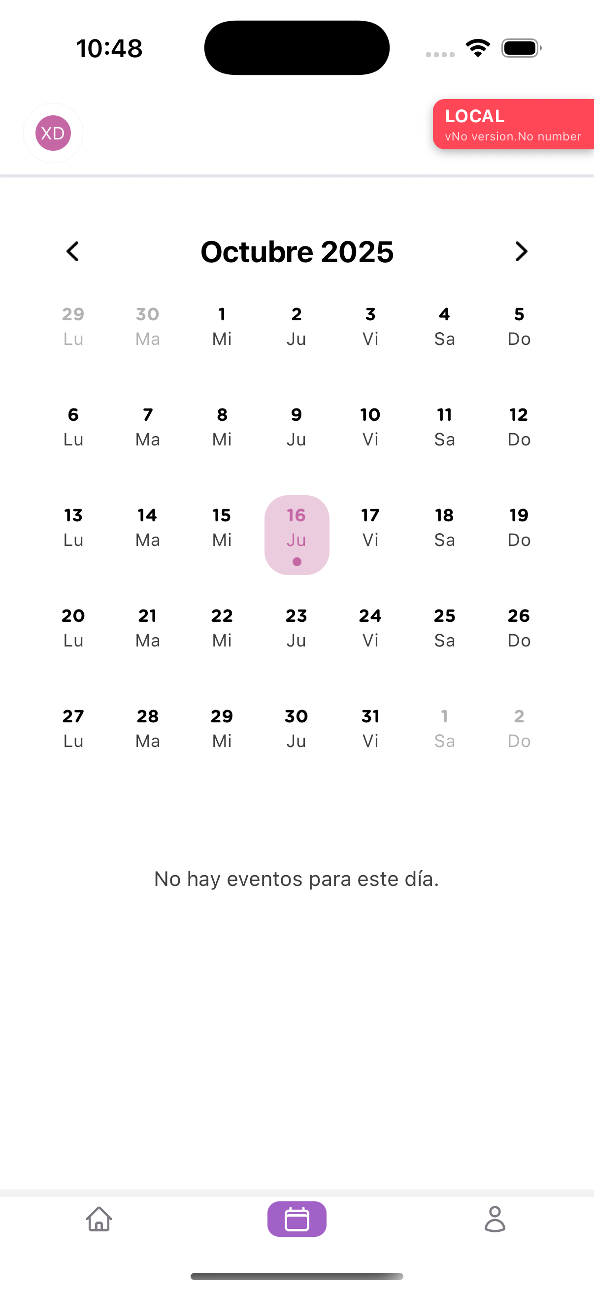 Calendario sin eventos en app móvil