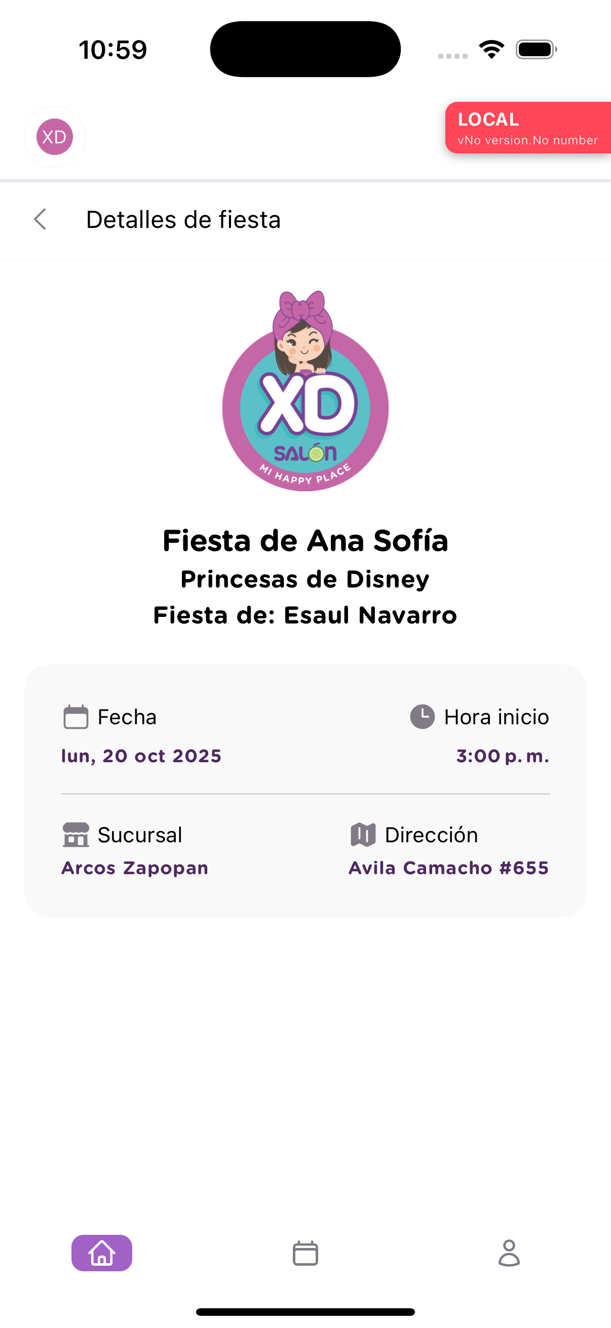 Detalle de fiesta en app móvil