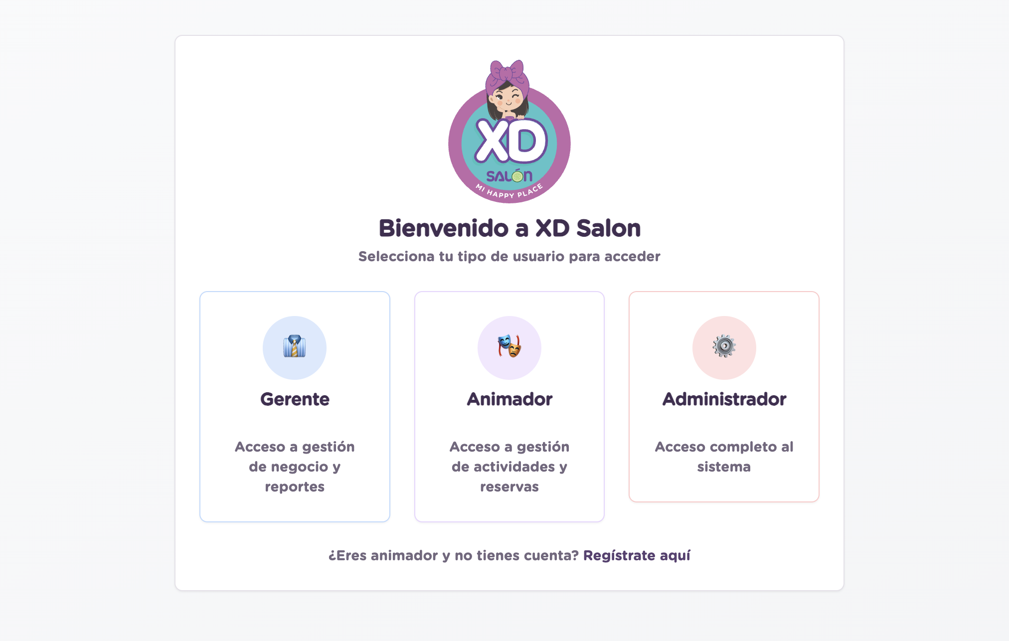 Pantalla de bienvenida con opción Animador