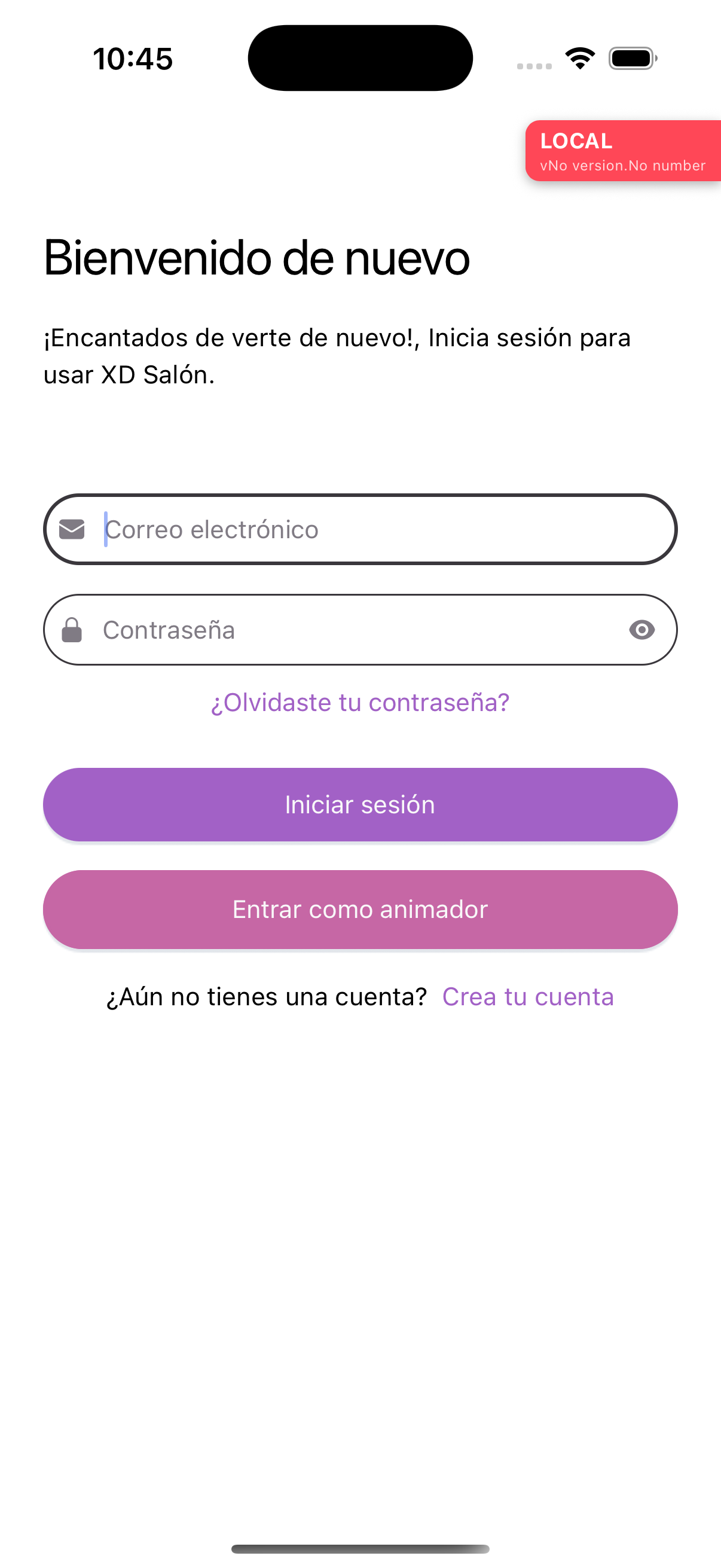 Pantalla de acceso para Animador (móvil)