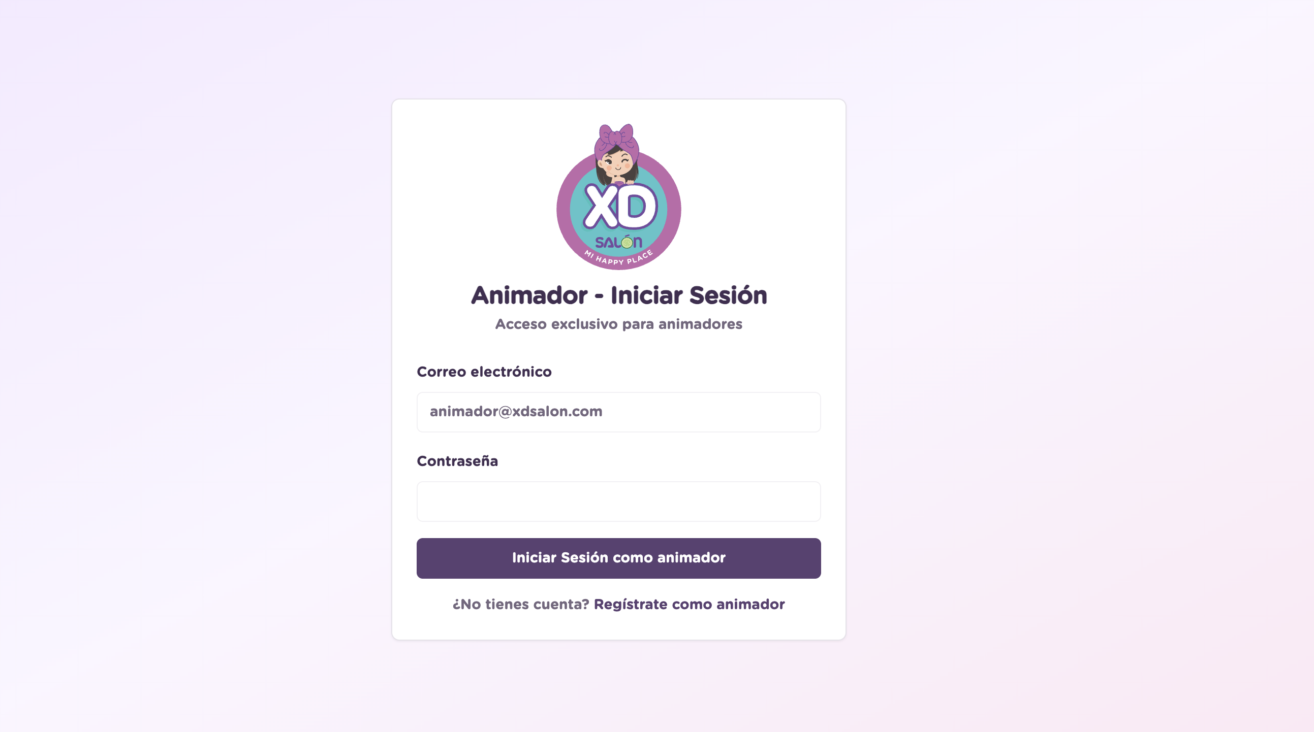 Pantalla de acceso para Animador (web)