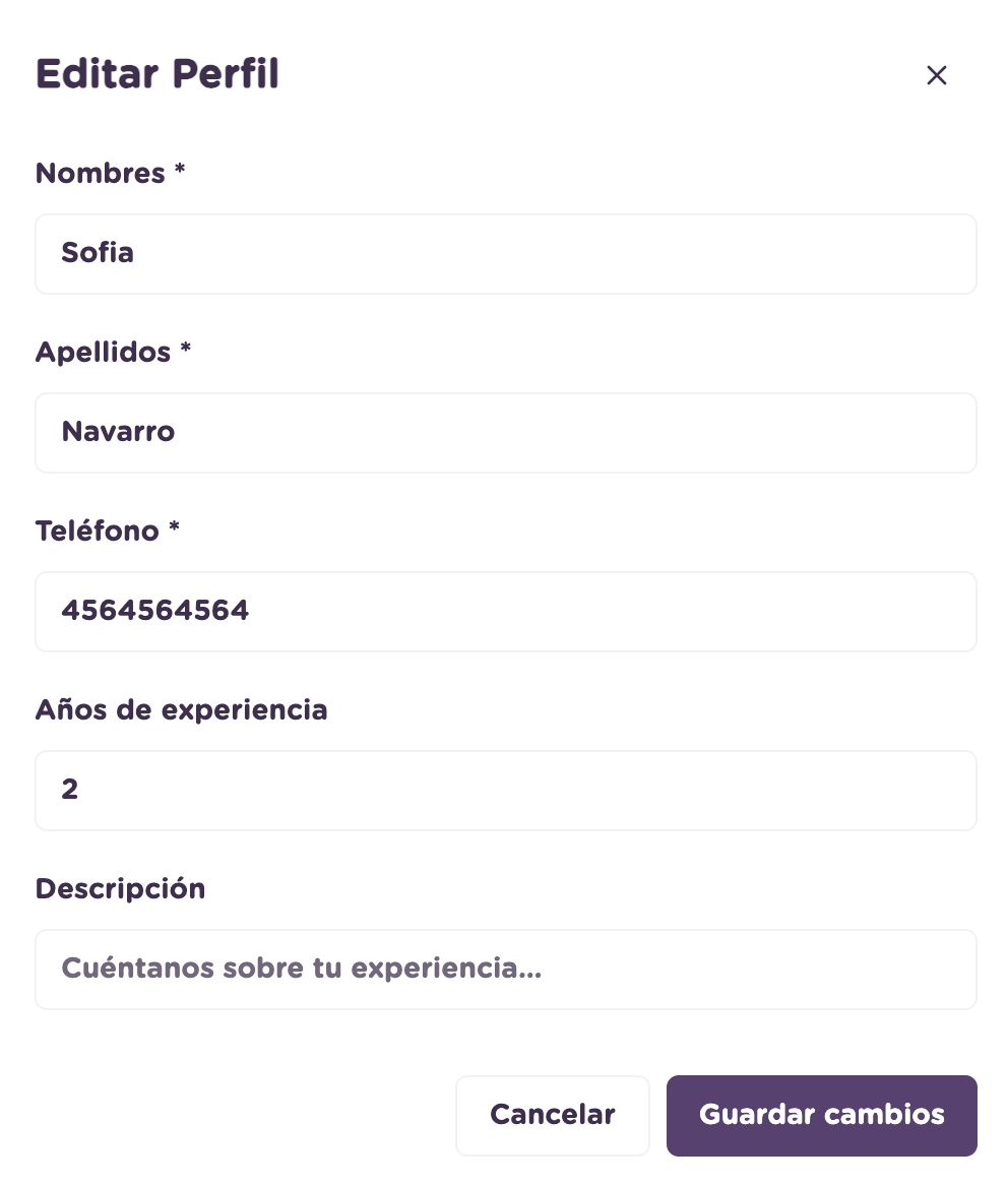 Modal para editar datos del animador