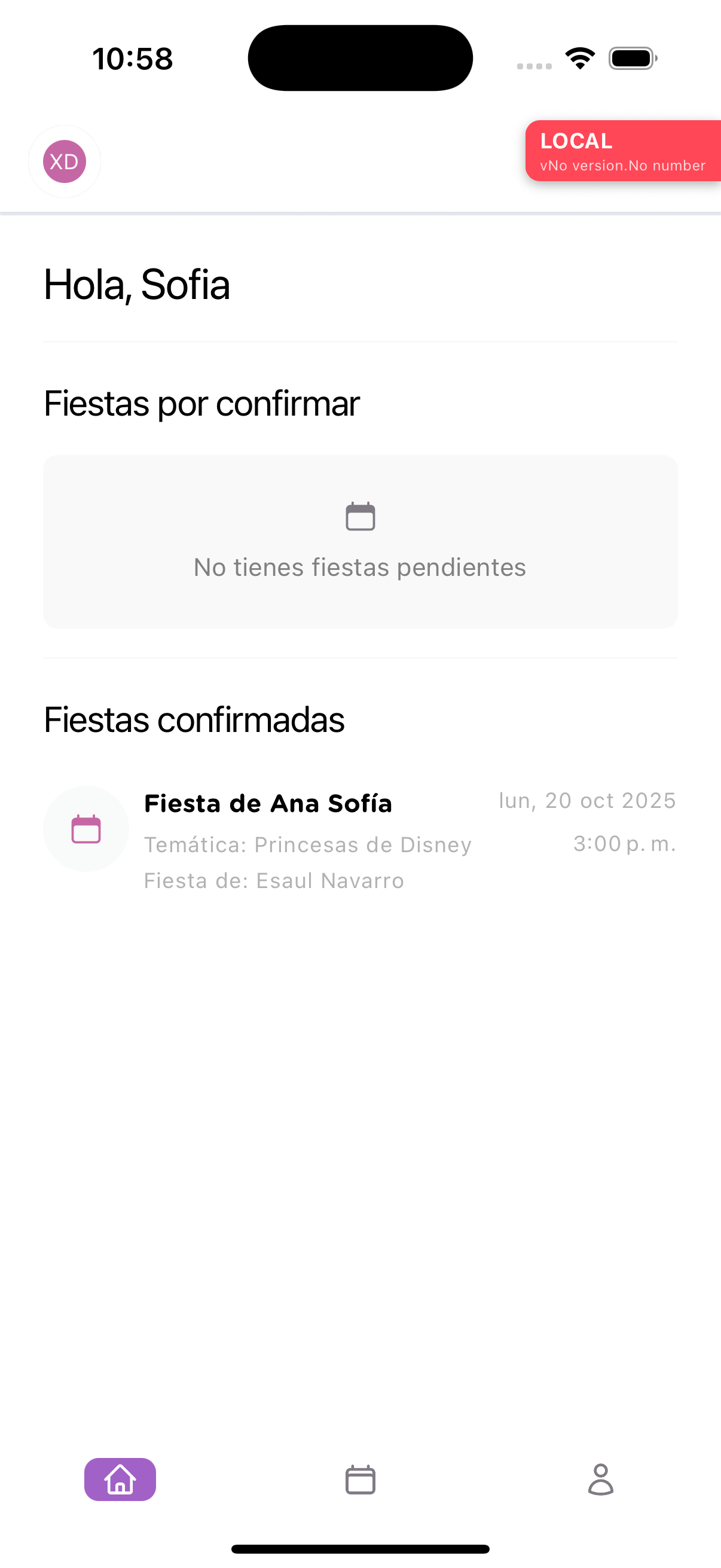 App móvil con fiesta confirmada